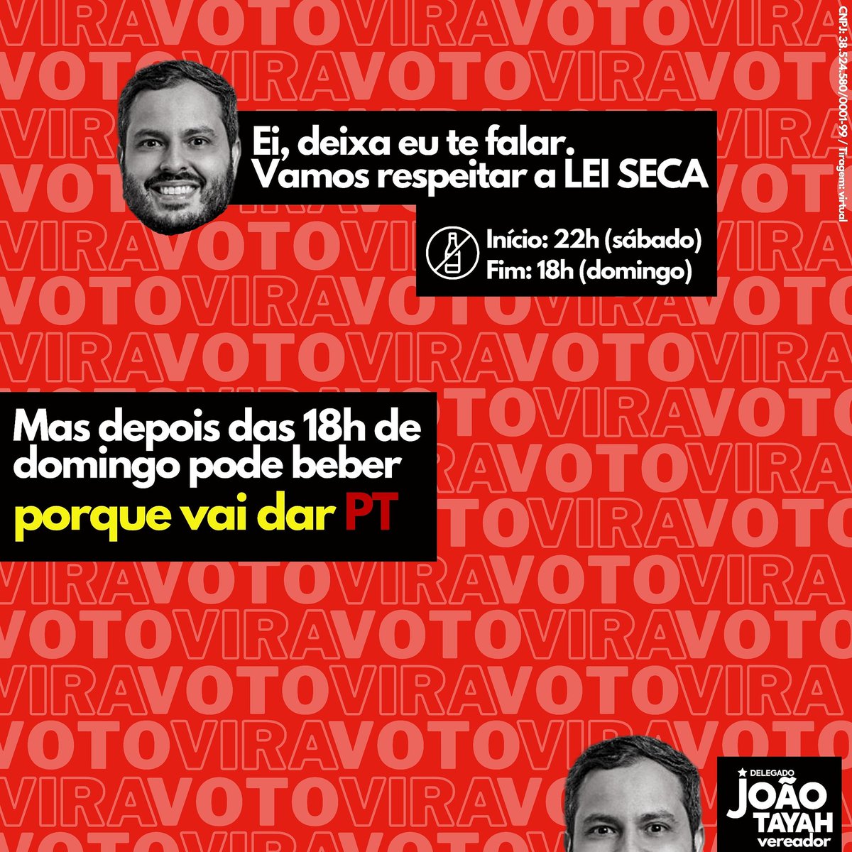 delegadotayah's tweet photo. Atenção para as regras da lei seca! Nada de beber hoje à noite ou amanhã. Todo mundo sóbrio pra votar no 1️⃣3️⃣ e no 1️⃣3️⃣0️⃣1️⃣3️⃣✅

Mas amanhã, meus amigos... Ah, amanhã sim! Amanhã vamos comemorar, porque vai dar PT!

#DelegadoJoaoTayah #Ze13 #JuntosPelaDemocracia https://t.co/9dmuW0MDZS