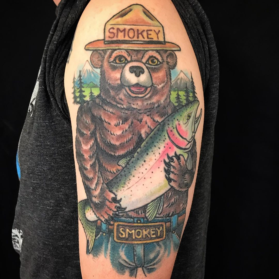 Smokey Bear ready for the gender reveal party Healed By Francis Kane at  East Coast Tattoo and body piercing Providence Rhode Island  rtattoos