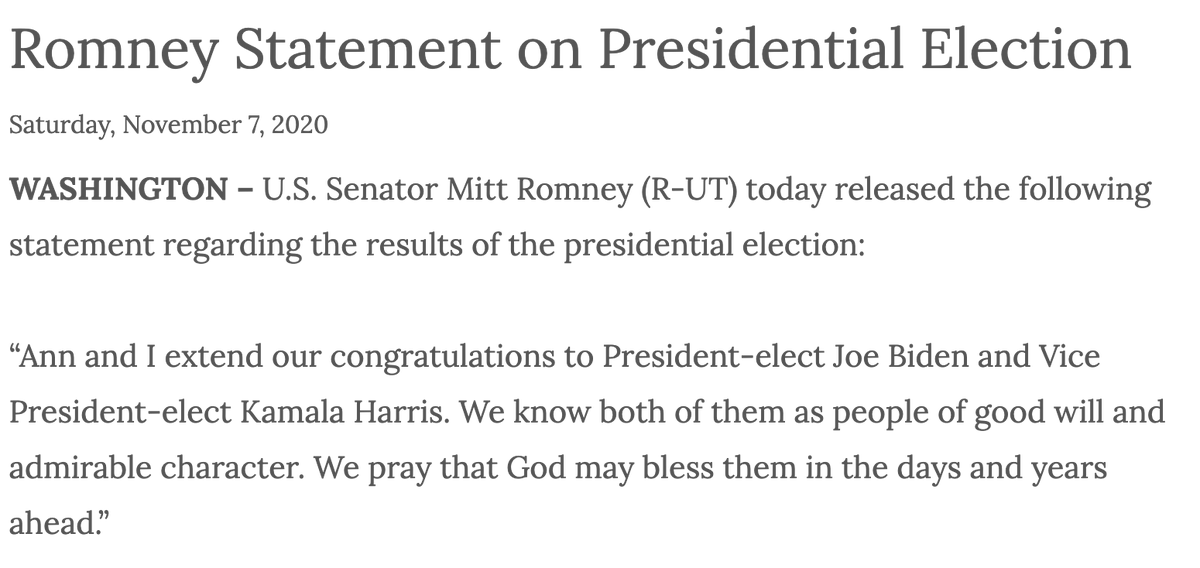 The 13 national Republican lawmakers who have so far publicly acknowledged Biden's victory are: - Sen. Mitt Romney of Utah https://www.snopes.com/news/2020/11/14/biden-win-senators-congress/