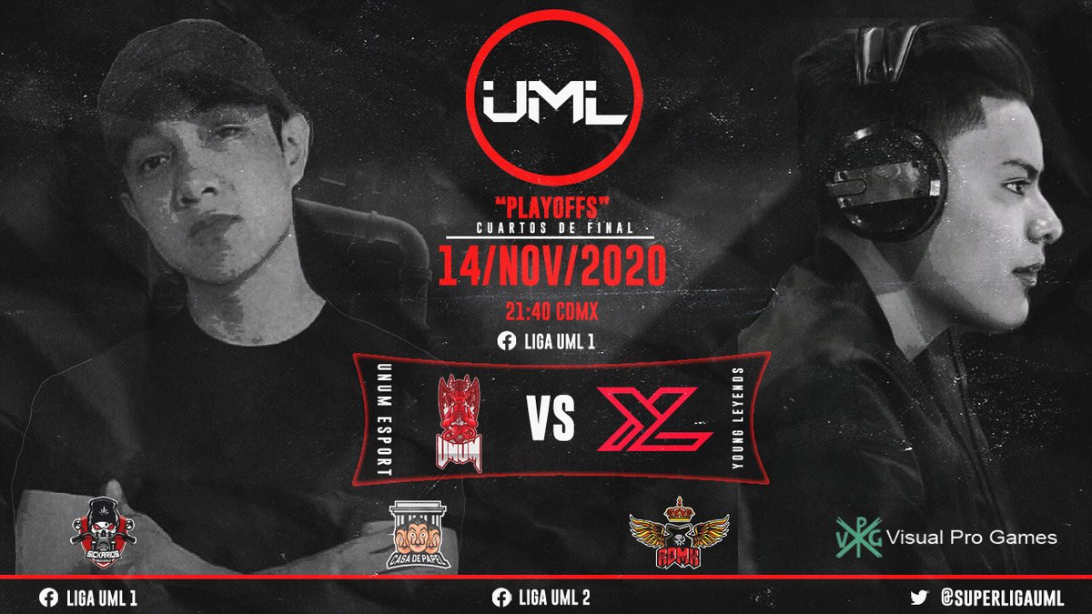 Hoy se juega el ultimo enfrentamiento de #CuartosdeFinal !!!

2 de los mejores equipos de la liga se enfrentan por su pase a #SEMIFINAL y cada vez mas cerca de llevarse los $15,000.00 MXN a su casa!!!

Nos vemos en punto de las 9:40 PM CDMX

@YoungLeyends  vs #UNUMEsport
