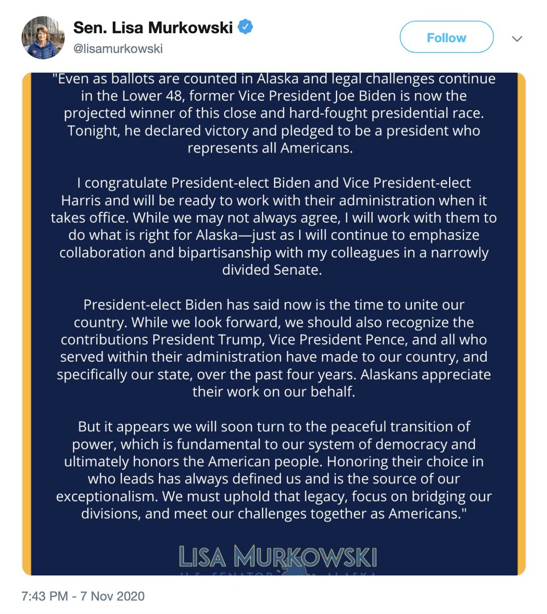- Sen. Lisa Murkowski of Alaska https://www.snopes.com/news/2020/11/14/biden-win-senators-congress/