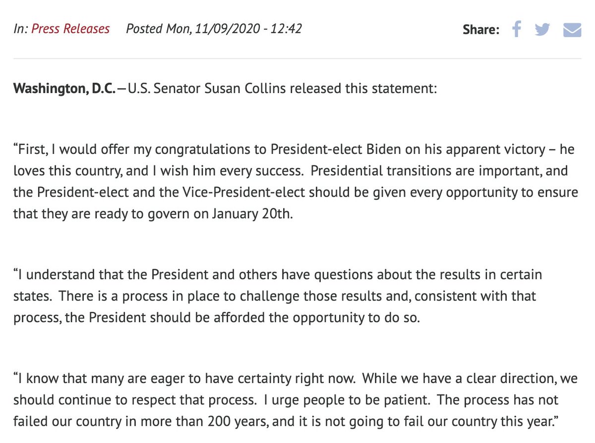 - Sen. Susan Collins of Maine https://www.snopes.com/news/2020/11/14/biden-win-senators-congress/