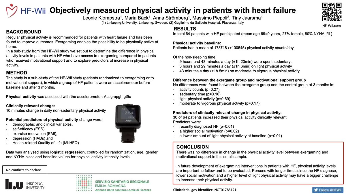 HF-Wii study (@hfwii) on Twitter photo Poster presentation on the #AHA20 on a sub-analyses of the HF-Wii study:
#PhysicalActivity in patients with #heartfailure
A higher challenge to increase physical activity depends on
⬆️time after diagnose
⬇️social motivation
⬆️level light physical activity
<a href="/AHAMeetings/">AHAMeetings</a> Poster presentation on the #AHA20 on a sub-analyses of the HF-Wii study:
#PhysicalActivity in patients with #heartfailure
A higher challenge to increase physical activity depends on
⬆️time after diagnose
⬇️social motivation
⬆️level light physical activity
<a href="/AHAMeetings/">AHAMeetings</a>