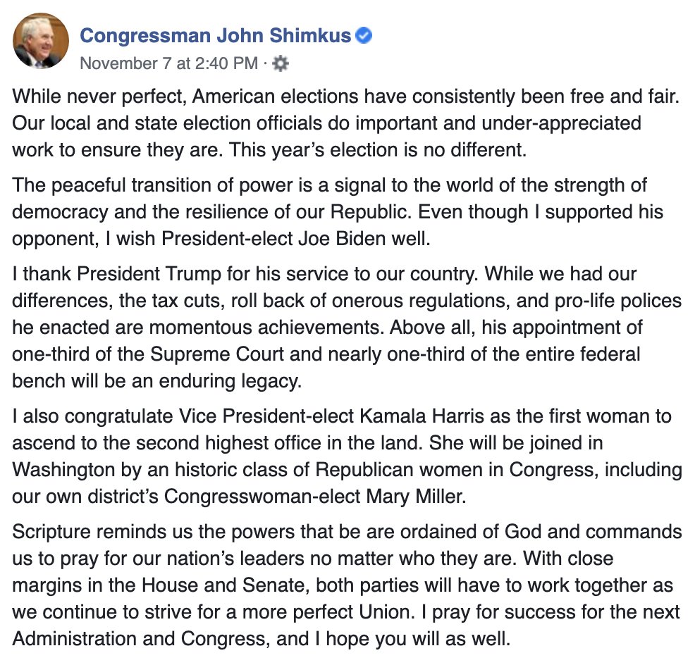 - Rep. John Shimkus (Ill. 15) https://www.snopes.com/news/2020/11/14/biden-win-senators-congress/