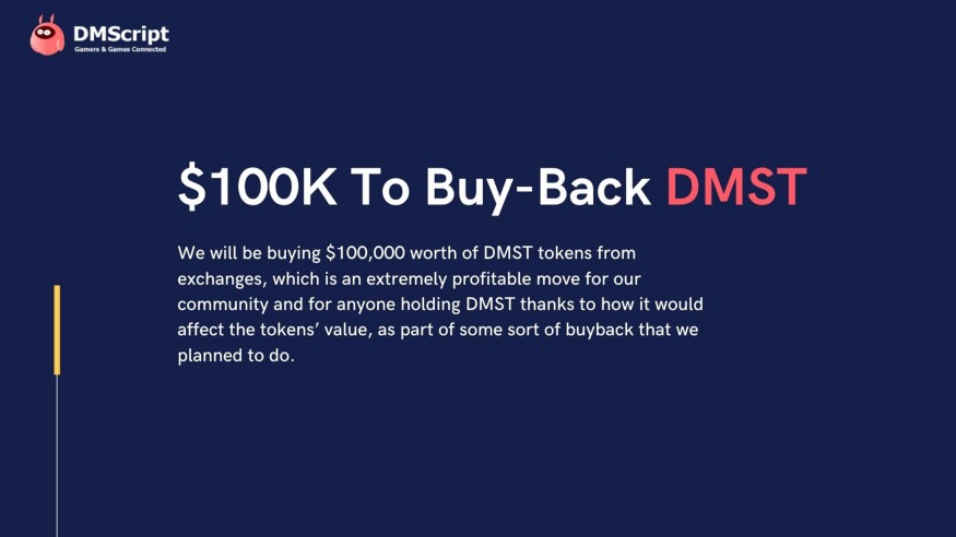  @DMScript will buy back  $dmst tokens worth of 100.000$ from exchanges to strengthen their ecosystem.Money are sponsored by big collaboration Partner. But Dmst is not yet able to reveal who the big partner will be but the company is listed on  @Nasdaq @Huawei  @TencentGlobal