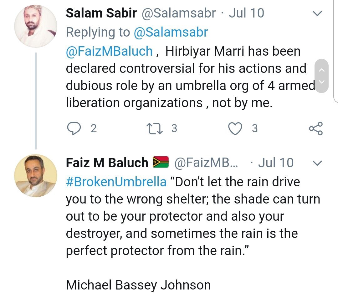 There have been numerous exchanges between social media cells of BLF accusing BLA head Harbiyar Marri of being an ISI agent, and BLA’s social media cell threatening to use their influence with Indians to end financing for DAN Dr Allah Nazar’s BLF./9