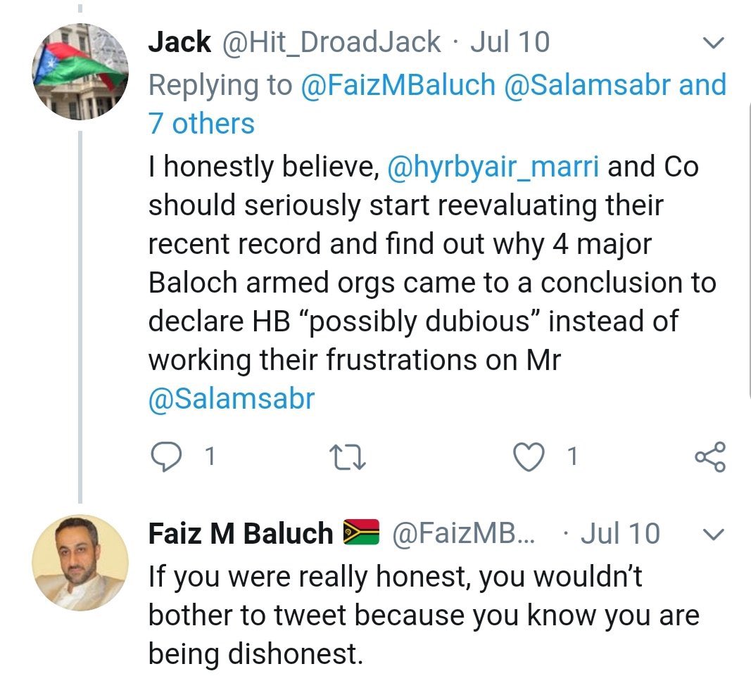 There have been numerous exchanges between social media cells of BLF accusing BLA head Harbiyar Marri of being an ISI agent, and BLA’s social media cell threatening to use their influence with Indians to end financing for DAN Dr Allah Nazar’s BLF./9