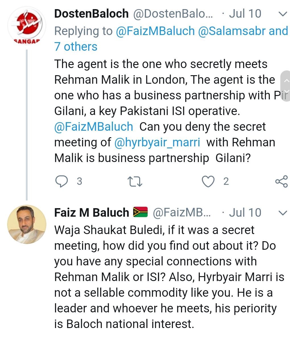 There have been numerous exchanges between social media cells of BLF accusing BLA head Harbiyar Marri of being an ISI agent, and BLA’s social media cell threatening to use their influence with Indians to end financing for DAN Dr Allah Nazar’s BLF./9