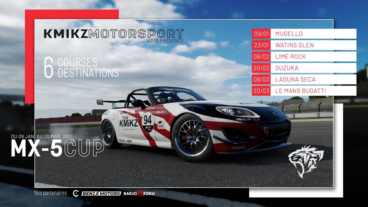 KMiKZ Motorsport est fier de vous présenter son prochain événement !
Championnat MX-5 Cup du 09/01/2021 au 20/03/2021.

-> infos : kmikz-motorsport.fr

#forza #grip #barjozoku #benjx #coupdepeigne #xbox #fm7 #Simracing