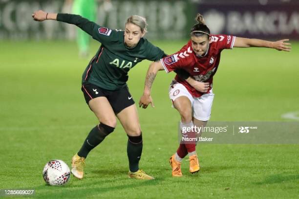 All equal at half time in  @bristolcitywfc v  @SpursWomen - with  @alexmorgan13 first start for Spurs   @NaomiBkr finding light in the dark with these pics!   #WomensFootballWeekend