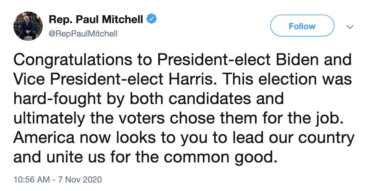 - Rep. Paul Mitchell (Mich. 10) https://www.snopes.com/news/2020/11/14/biden-win-senators-congress/