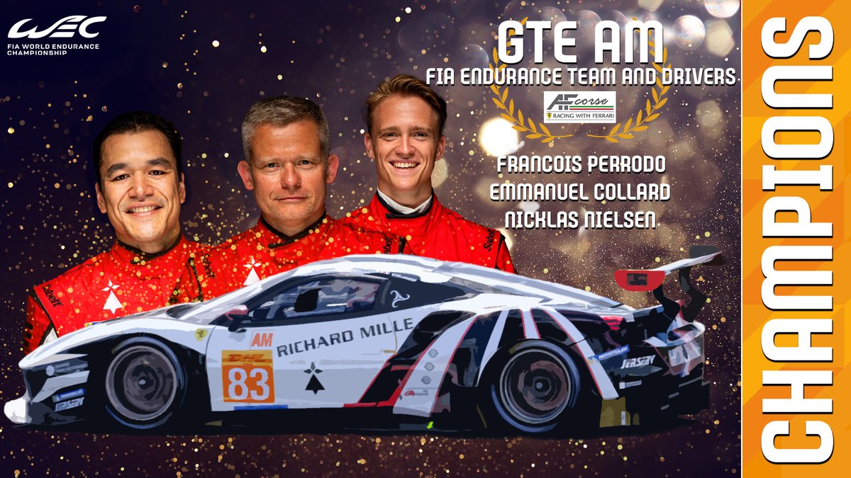 FIA World Endurance Championship (@fiawec) on Twitter photo Your Season 8 <a href="/FIAWEC/">FIA World Endurance Championship</a> GTE AM Champions.
Francois Perrodo
Emmanuel Collard
<a href="/_Nicklasnielsen/">Nicklas Nielsen</a>
<a href="/FerrariRaces/">Ferrari Races</a>
<a href="/AFCorse/">AF Corse</a>
#WEC <a href="/fia/">FIA</a> Your Season 8 <a href="/FIAWEC/">FIA World Endurance Championship</a> GTE AM Champions.
Francois Perrodo
Emmanuel Collard
<a href="/_Nicklasnielsen/">Nicklas Nielsen</a>
<a href="/FerrariRaces/">Ferrari Races</a>
<a href="/AFCorse/">AF Corse</a>
#WEC <a href="/fia/">FIA</a>