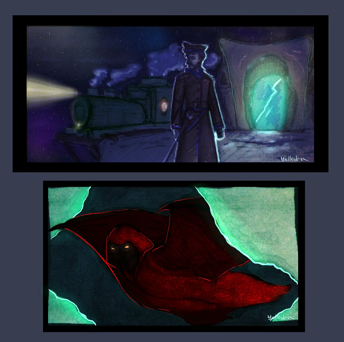 YELLODRU_'s tweet photo. Colored some sketches. Percy Blythe in front of Avid Horizon and cloaked Curator.🚂🦇
#sunlessskies #sunless_skies #failbettergames #fallenlondon https://t.co/r0hGkY5795