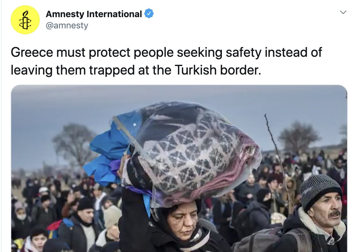 When Greece-Turkey conflict was in the news,  @amnesty took the side of.... Turkey. People "trapped at Turkish border?!" What does this mean? Residents of Turkey desired to illegally enter Greece. The responsibility, according to Amnesty, belonged to Greece.Remember this?