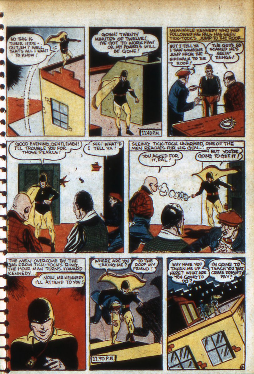 Hourman first showed up in Adventure comics, becoming a regular feature and even getting a cover spotlight for his first issue, a unique feature of his strip is that he listed the time in panels to keep track of the time. This would be a recurring gimmick in later stories.