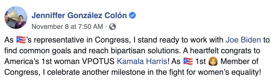 - Jenniffer González-Colón (resident commissioner of Puerto Rico and a non-voting member of the House of Representatives) https://www.snopes.com/news/2020/11/14/biden-win-senators-congress/