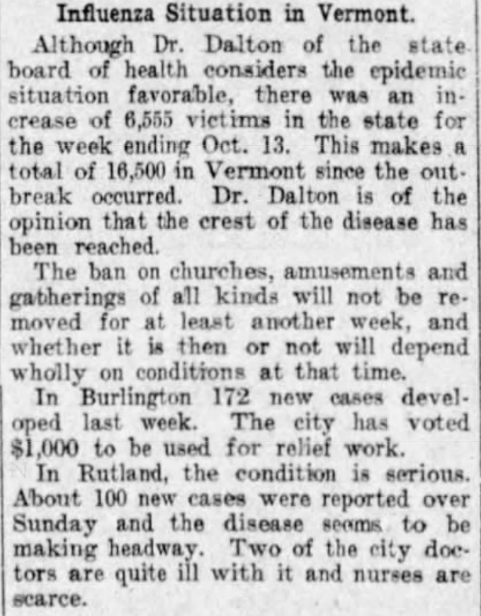 Despite spikes in some areas, Dr. Dalton of the State Board of Health reports that he believes "the crest of the disease has been reached" but that it is important to continue with the ban for at least one more week.(source: Barre Daily Times, October 15, 1918)