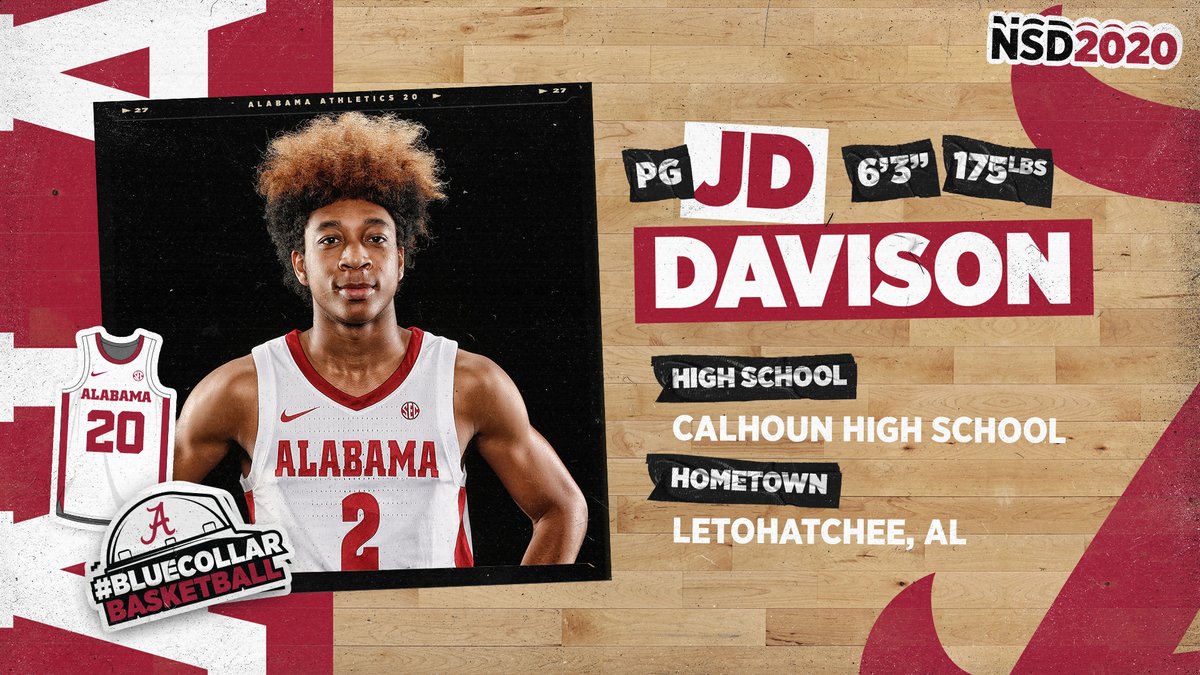 AlabamaMBB's tweet photo. ✍️🏾🚨

The No. 1⃣ point guard in the nation is coming to Tuscaloosa‼️ Welcome to the family, JD‼️

⭐️⭐️⭐️⭐️⭐️
⛹🏾‍♂️ 6-3 | 175 | PG
📍 Letohatchee, Ala.
🏫Calhoun HS
🔗 https://t.co/4S2WYlML5t

#RollTide | #BlueCollarBasketball https://t.co/85ipQkqhIm