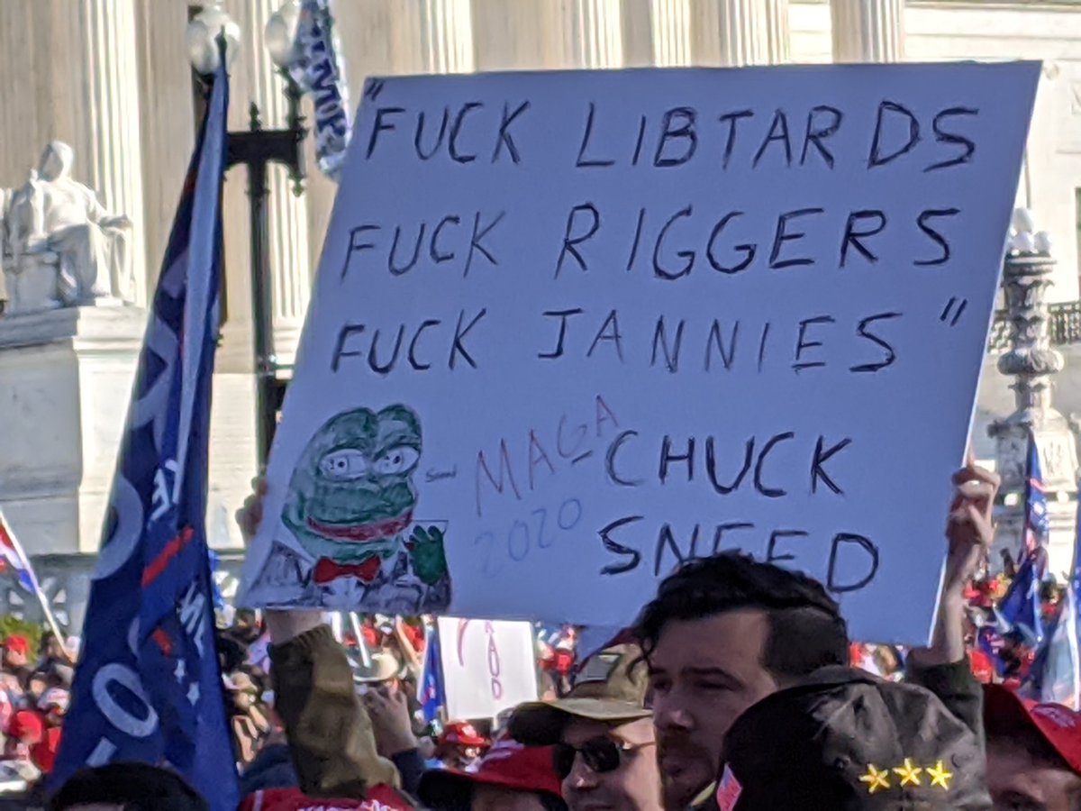 Here's a sign from back at the rally'riggers' is a dog whistle that refers to people who supposedly rigged the election and...well...you knowNo idea what a Jannie is and when we asked we got laughed at so 