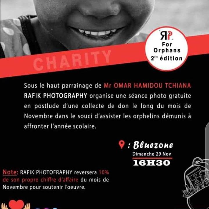 KarimouDouma's tweet photo. Sous le haut parrainage de Mr Omar Hamidou Tchiana Président National  AMEN AMIN,
 RAFIK PHOTOGRAPHY
 organise une séance
 photo gratuite en postlude d'une collecte de Dons le long du mois de Novembre dans le souci d'assister les orphelins démunis à affronter l'année scolaire. https://t.co/XzxoicIDAA