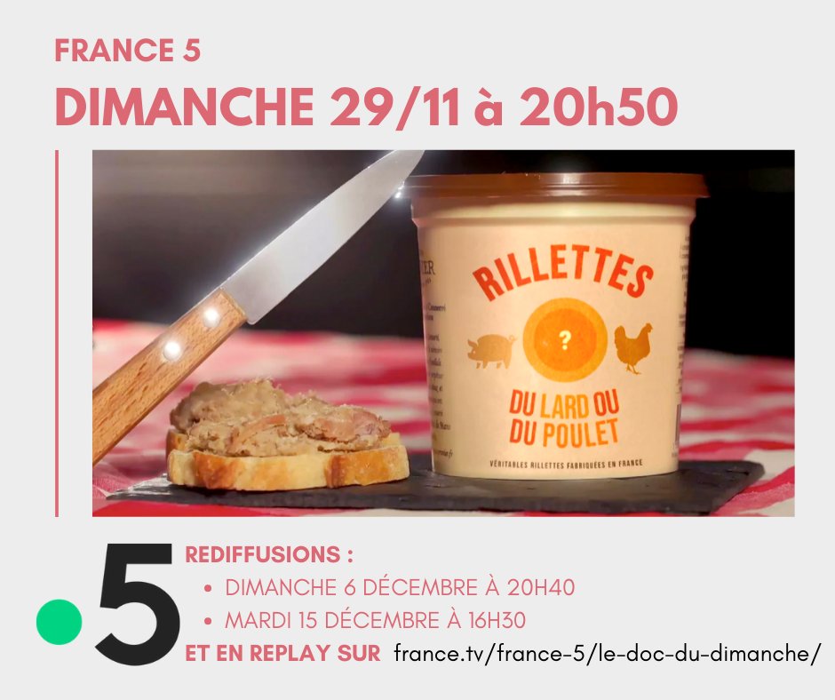 [TV] LE DOC DU DIMANCHE "Rillettes, du lard ou du poulet ?" sur @France5tv , dimanche 29 novembre à 20h50 et rediff : on regarde et on en reparle ! 🙂
👉plus : facebook.com/porcfermiercen…