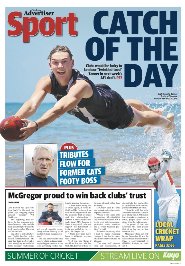 Alex Oates (@alexjoates11) on Twitter photo Tomorrow’s <a href="/geelongaddy/">Geelong Advertiser</a> back page tonight.
Shout out to <a href="/kleinyheraldsun/">Michael Klein</a> for a cracking photo of <a href="/GeelongFalcons/">Geelong Falcons</a> draft prospect Tanner Bruhn. 👌 Tomorrow’s <a href="/geelongaddy/">Geelong Advertiser</a> back page tonight.
Shout out to <a href="/kleinyheraldsun/">Michael Klein</a> for a cracking photo of <a href="/GeelongFalcons/">Geelong Falcons</a> draft prospect Tanner Bruhn. 👌