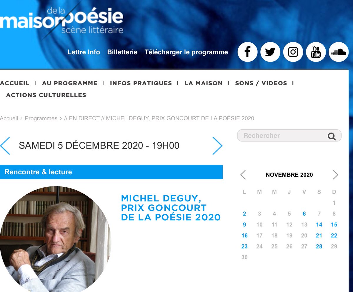 Samedi prochain à 19h sur le fb de la ⁦<a href="/maisonpoesie1/">Maison de la Poésie - Scène littéraire</a>⁩ ou sur sa chaîne YouTube, on fête en direct le Goncourt de la poésie Robert Sabatier attribué à Michel Deguy pour l’ensemble de son œuvre. Hommage au fondateur de la revue Po&amp;sie à ne pas manquer !