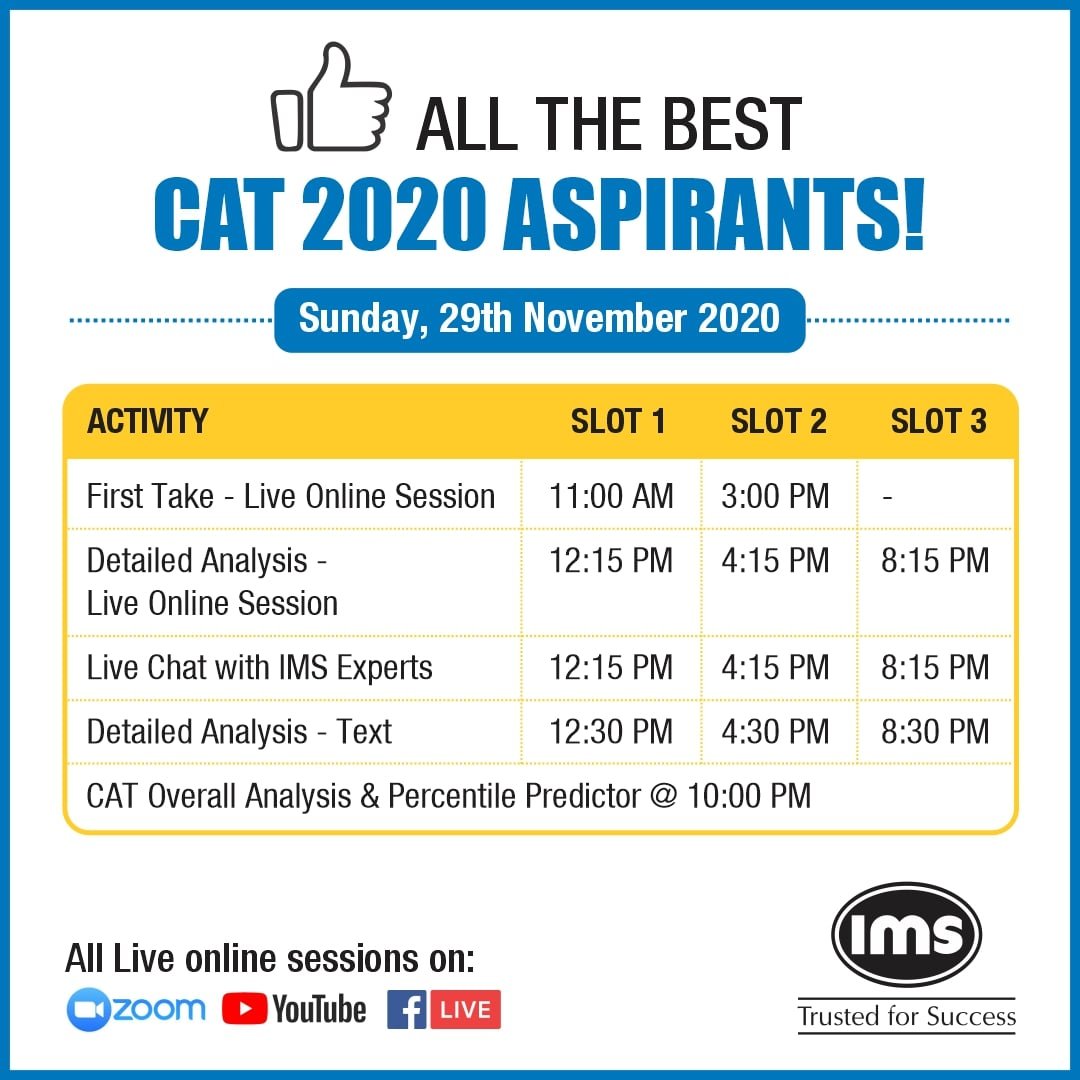 IMS_INDIA's tweet photo. All the best for #CAT2020! Keep calm &amp; give your best. Visit below link for Live Analysis &amp; more
Link : https://t.co/yhWSe86Wls 
.
#CAT20 #CATDay #IMSForCAT https://t.co/p2GZ5wDaxz
