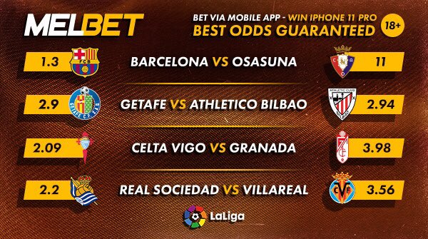 La Liga Matchday 11 fixtures ⚽
Bet on La Liga matches via the mobile app to stand a chance to win iPhone 11 Pro and Airpods for 10 lucky winners every month.
Win here 👉 https://t.co/c4oSsmjRvM…...
#MelbetTuaYie https://t.co/jtqjNjLd4U