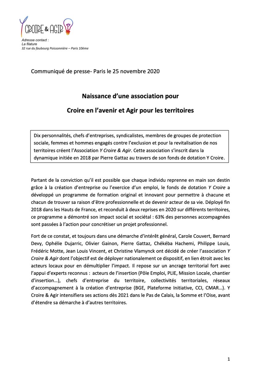 Très fier d’avoir créé l’association Y croire &amp; Agir qui vise à permettre à chacune et chacun de trouver sa raison d’être professionnelle et de devenir acteur de sa vie. Merci <a href="/carolecouvert/">Carole Couvert</a> d’avoir accepté de participer à cette aventure. =&gt; ycroire.fr