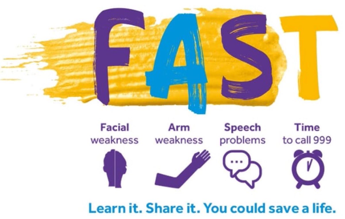 Pls share😊

If you experience signs of stroke ring 999 immediately, think FAST 

F - Face
A - Arm
S - Speech
T - Time

#Stroke is a medical emergency, stroke services are operating normally despite #Covid19 

Please do not delay, any of these signs #FAST ring 999 straight away