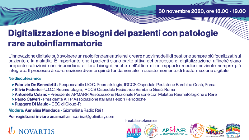 _AIFP_'s tweet photo. 30-11-2020 webinar #inovazionedigitale #digitalizzazione #autoinfiammatorie #malattierare #febbriperiodiche #familialmediterraneanfever #rarediseases #periodicfeversyndrome #malattiarara  https://t.co/FE12p1Rp3P https://t.co/jNTUcDUnxC