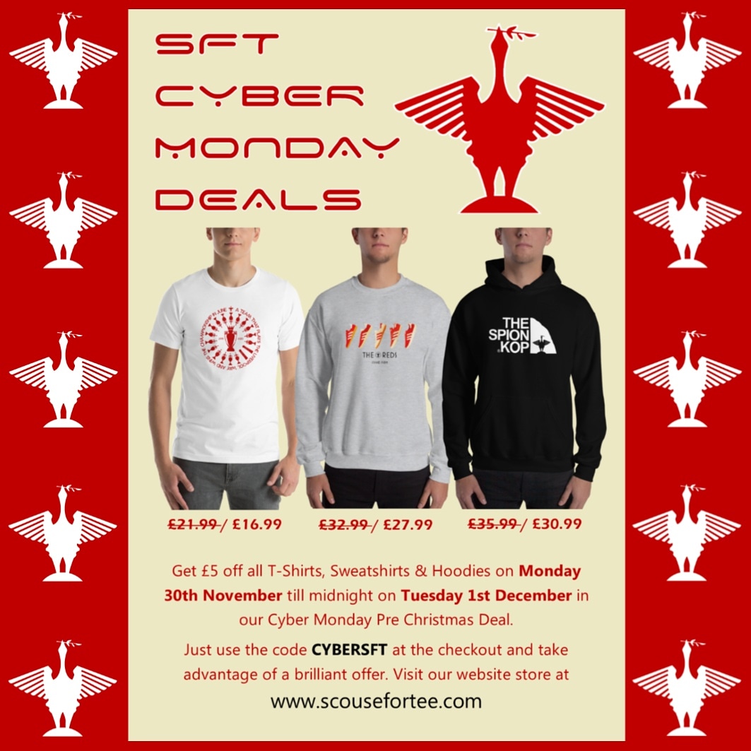 Get ready for SFT Cyber Monday deals tomorrow till midnight on Tuesday 1st December. Offer applies to T-shirts, Sweatshirts &amp; Hoodies. Get those Christmas presents for those LFC supporters in your life. Just use the code CYBERSFT at the checkout #CyberMonday #lfc #Christmas2020