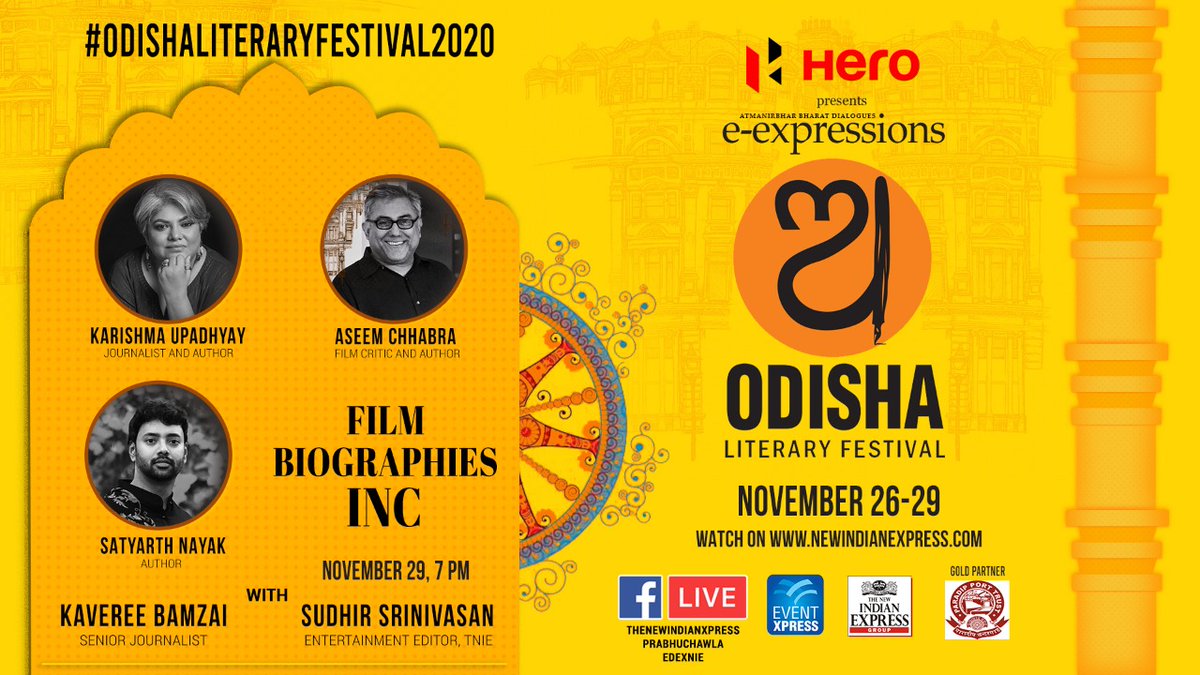 NewIndianXpress's tweet photo. Catch Journalist & author Karishma Upadhyay, film critic & author Assem Chhabra (@chhabs), and author @SatyarthNayak LIVE as they discuss 'Film Biographies INC' with @sudhirsrinivasn and @kavereeb tonight at 7 pm in #OdishaLitFest20.
#OLF2020 https://t.co/dPQFreOHWY
