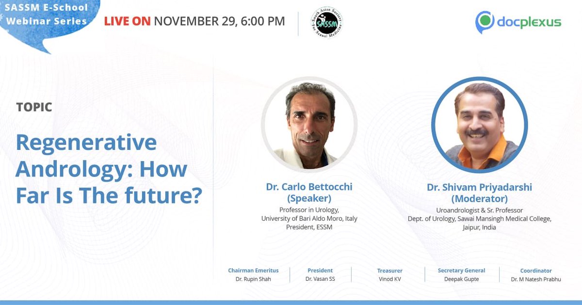 CarloBettocchi's tweet photo. Regenerative #andrology: How far is the future?⠀
Moderator Dr. Shivam Pryadarshi⠀
Today, november 29, 13:30 UTC+01 • SASSM e-School ⠀
Coordinator Natesh Prabhu
#SASSM #ESSM #ISSM #MensHealth #menshealthawareness #MensHealthMonth #RegenerativeMedicine #urology https://t.co/rxpGBgw5ix