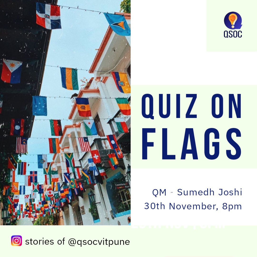 qsocvitpune's tweet photo. Quiz on 'Flags' by Sumedh Joshi is on 30th November, 2020 at 8pm!
#vitp #vitpune #quiz #quizzes #quizzing #vitqsoc #quizsociety #quizzingsociety #trivia #facts #quiztime #dailyquiz #currentaffairs #quizinstagram #education #gk #generalknowledge #quizoftheday #flags #flagsquiz https://t.co/ITsp7x17CV