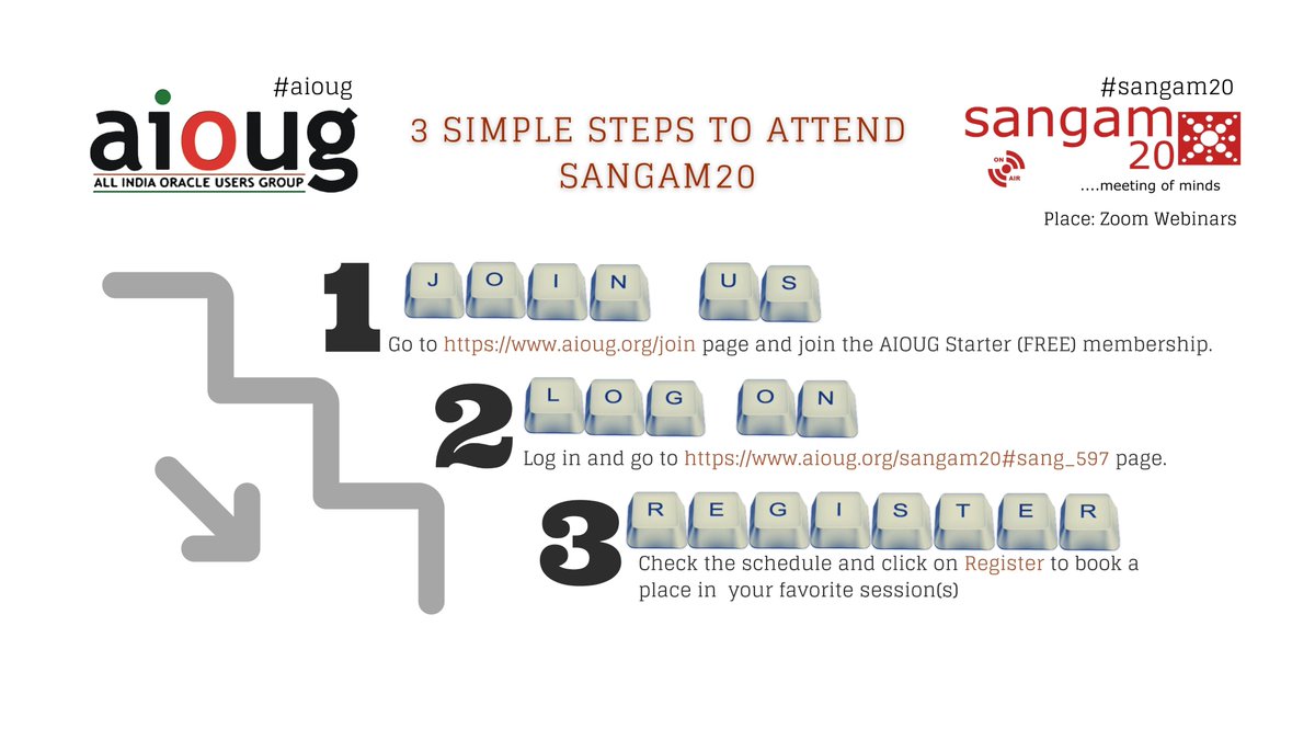 Sangam20 Registration: 3 simple steps to register
•  Go to aioug.org/join page and join the AIOUG Starter (FREE) membership.
•  Log in and go to aioug.org/sangam20#sang_… page. 
•  Check the schedule and register your favorite session(s).  #AIOUG #Sangam20