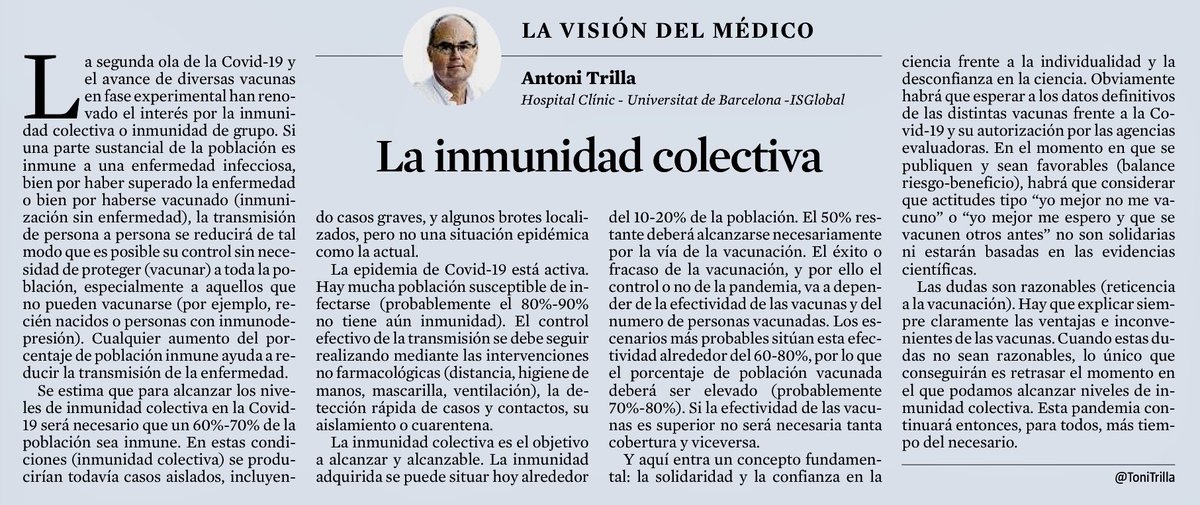 Inmunidad colectiva: el objetivo a alcanzar.
Cifras, conceptos y dudas.
La vacunacion: efectividad y porcentaje de poblacion a vacunar.
Solidaridad y evidencias cientificas.