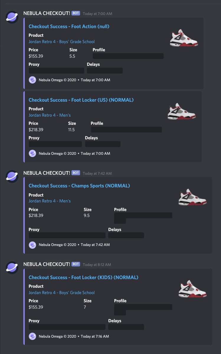 Just a few in an instant webhook broke lol should have been 5 😂 thanks to @nebulabots @inertiaproxies resis and isp @Leafproxies @hex_proxy @dashproxies to @LacedNetwork @juiced @Jebula_FNF