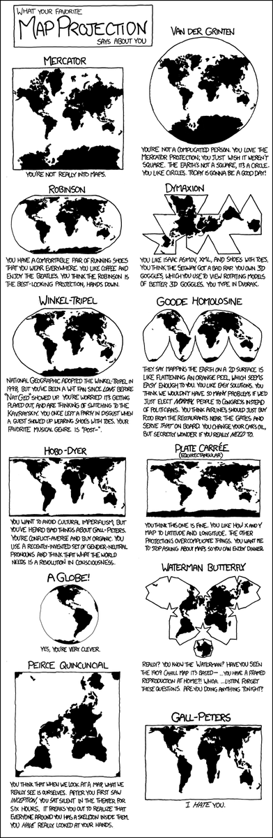 Em_The_Engineer's tweet photo. Oh my gosh just found this hilarious xkcd comic!... What’s your favorite projection of the world and is this comic right about you? Robinson is pretty spot on 👀 #GeospatialSundays 
Source: https://t.co/uhSkvusilJ https://t.co/JrbV4lsy3i