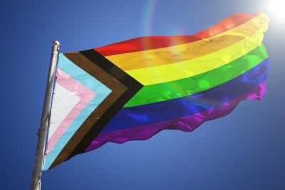 While retaining the common 6-stripe rainbow design, the Progress Flag features black, brown, light blue, pink, & white chevron stripes to bring marginalised BAME people, trans individuals, and those living with HIV/AIDS & those who have been lost to the forefront 7/8