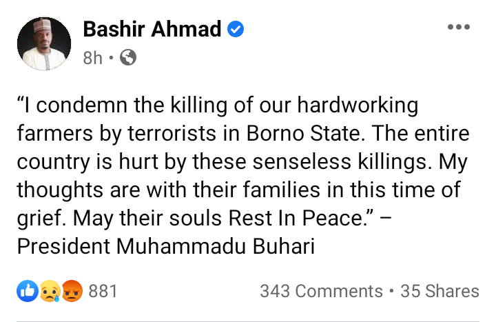 Condemn as usual without any concrete action to put an end to this senseless killings of innocent Nigerians almost on daily basis. <a href="/MBuhari/">Muhammadu Buhari</a>

What a country
😭😭😭