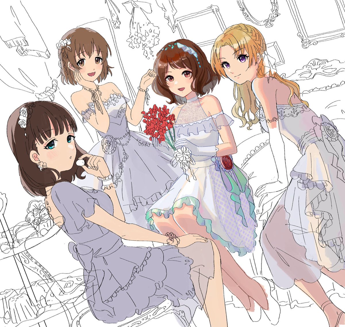 sakuma mayu dress multiple girls 4girls brown hair blonde hair flower white dress  illustration images