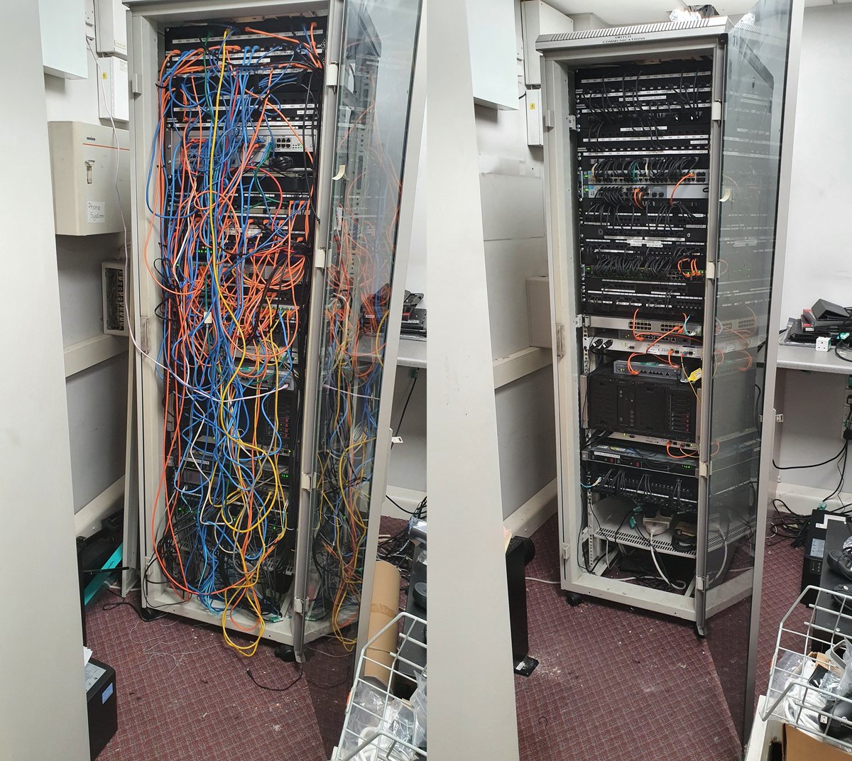This weekend we were down in Dartford tidying up this cabinet, and carrying out a site audit on their cabling infrastructure. We were able to power down &amp; remove 4 pieces of redundant equipment, one of which had been left on for 15 years since it was replaced.