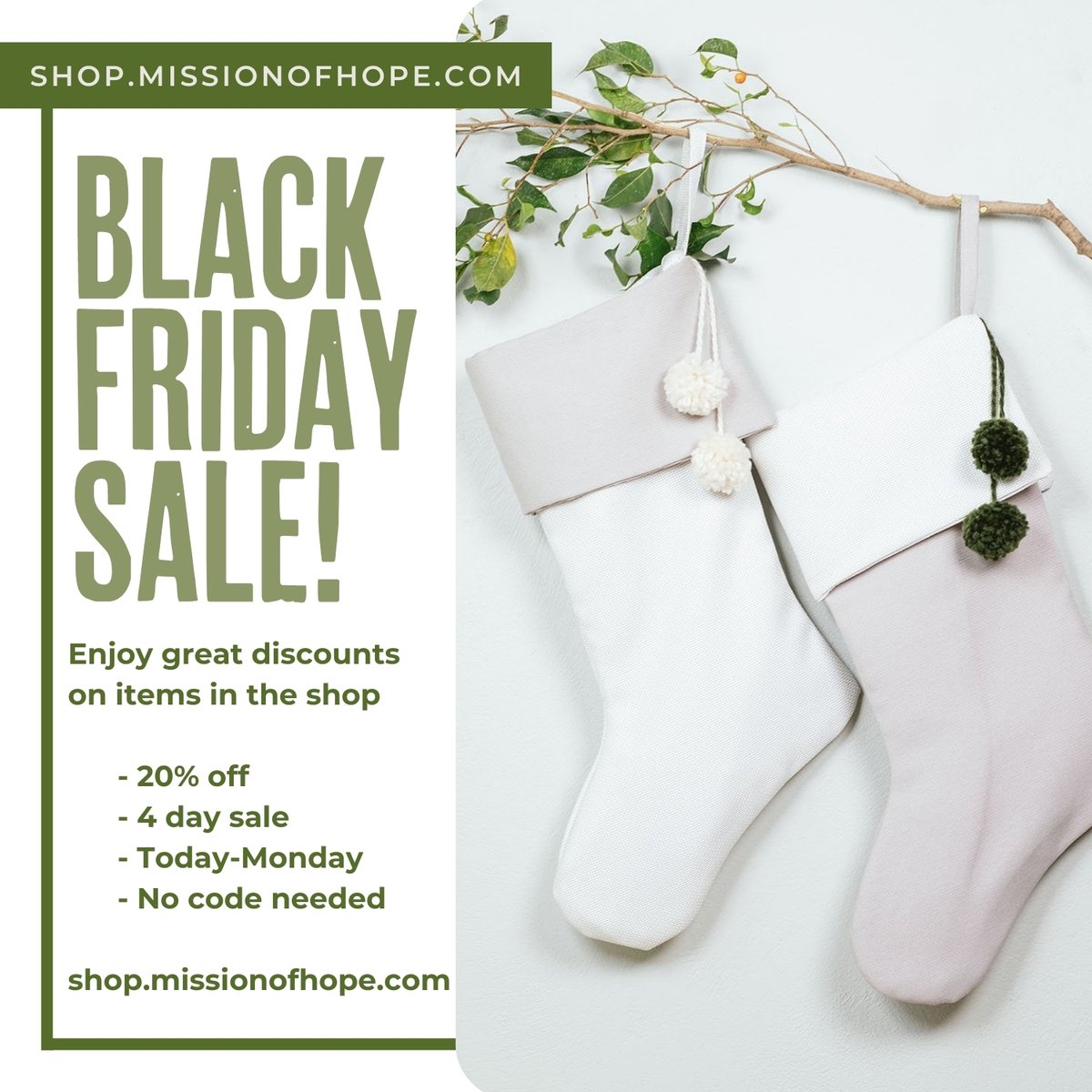 Shop the Mission of Hope store for great discounts and beautiful products. Now through Cyber Monday, enjoy 20% off—no code needed.

#shopsmall #blackfriday #blackfridayNGO #nonprofitblackfriday #blackfridayshopping