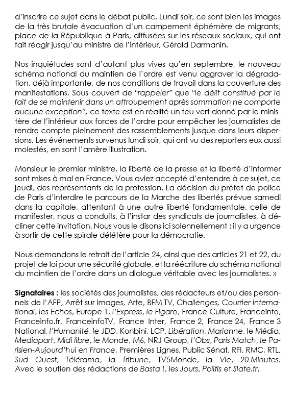 Lettre ouverte de plus de 40 sociétés de journalistes de médias écrits, web, TV, radio dont <a href="/SDJRTL/">SDJ | RTL</a> <a href="/JeanCASTEX/">Jean Castex</a> : 

« Monsieur le premier ministre, il y a urgence à sortir de cette spirale délétère pour la démocratie »

#PPLSecuriteGlobale