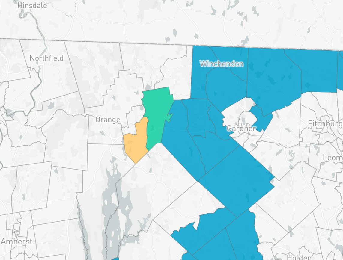 It's now just a matter of trying to add as many precincts as we can to the district without flipping it. Back in Central MA, we add Athol-1, netting Biden 46 votes, to reach Athol-2 (Trump +4). TPO: +665