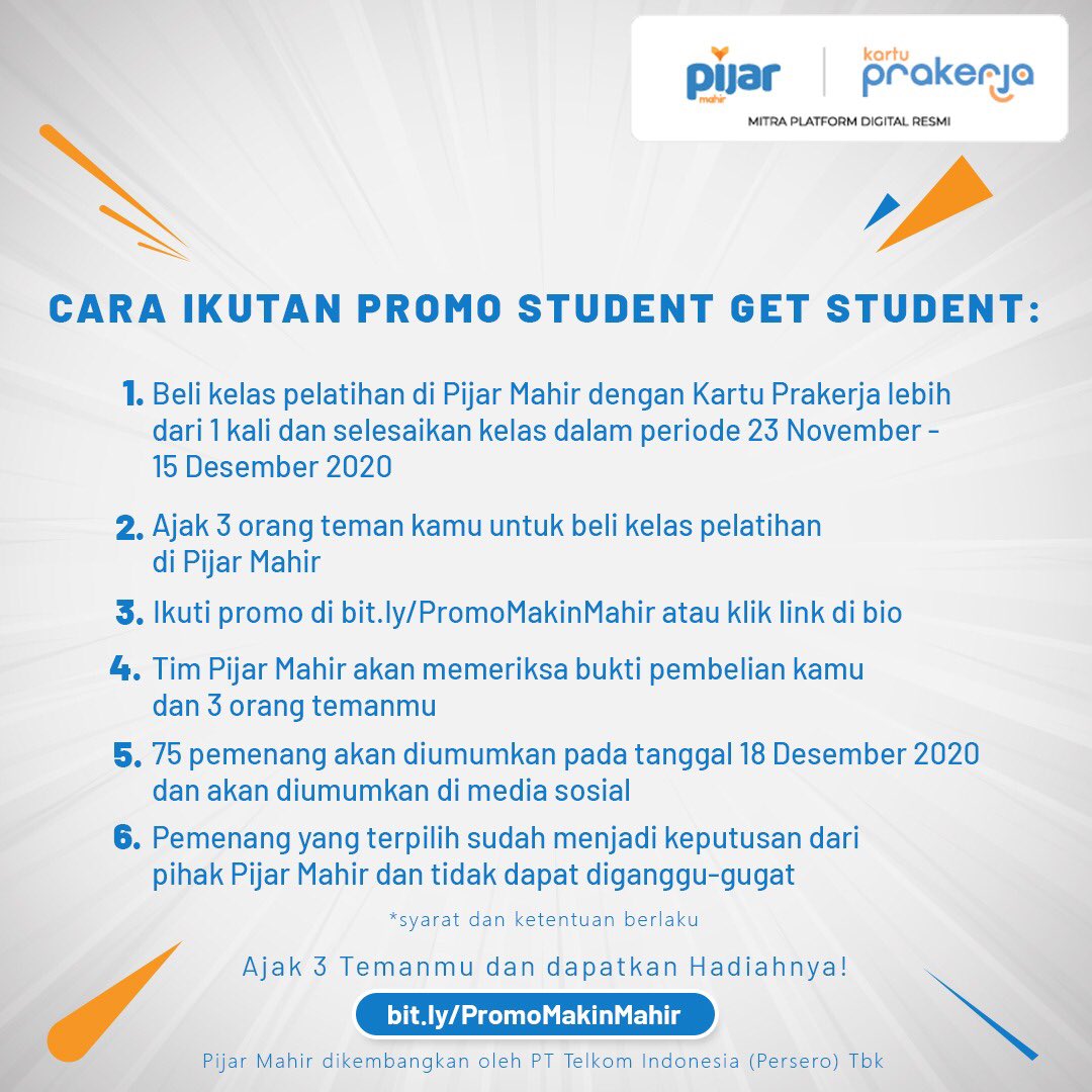 Pijarmahir's tweet photo. Caranya gampang banget loh, kamu tinggal ajak temen kamu dan isi form di https://t.co/NrNjku4hyZ
Simak juga syarat dan kententuan lainnya dan jangan lupa buat ikutan!
#PijarMahir #MakinMahir #JuaraKelas https://t.co/soaPRt5wgl