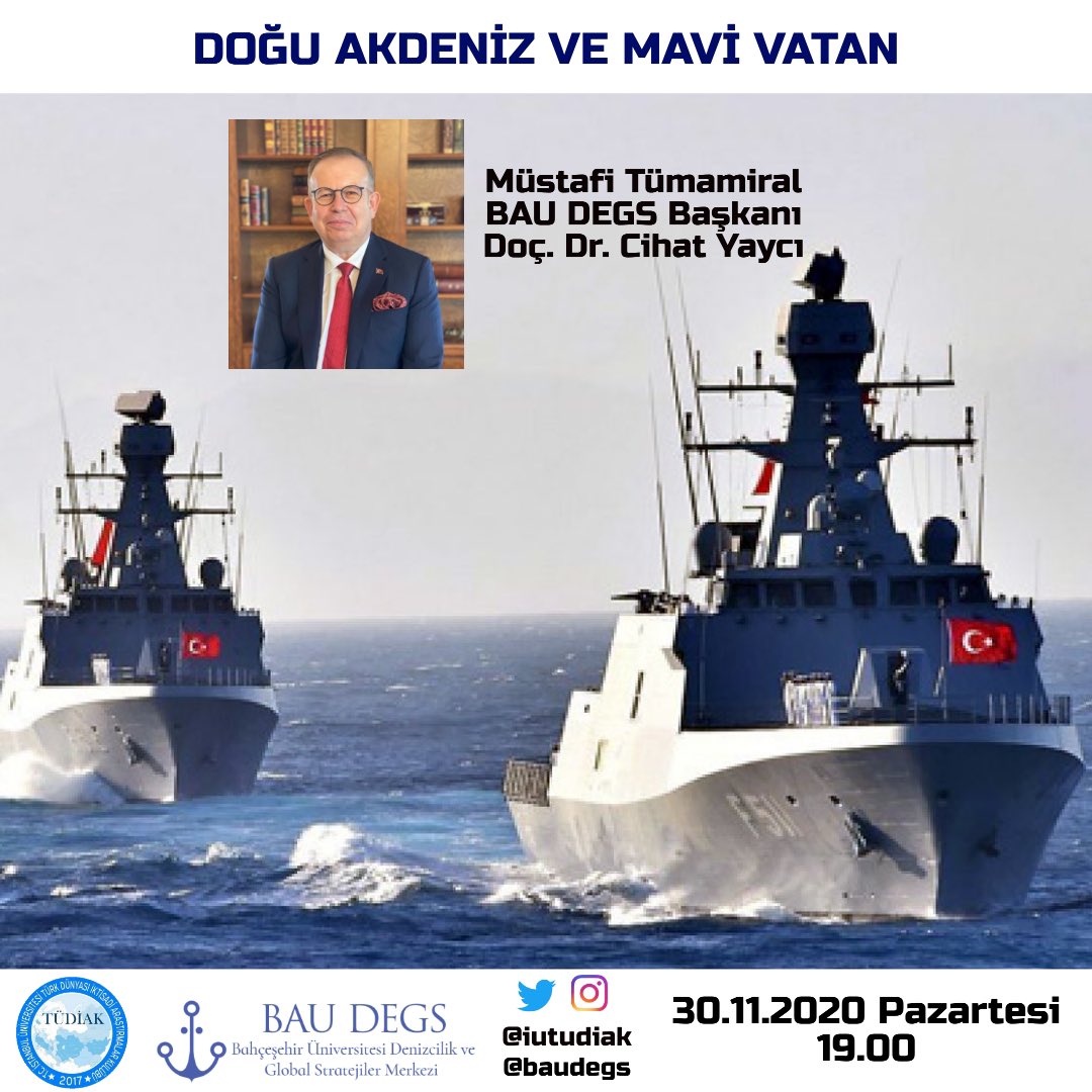 Halihazırda @BAUDEGS başkanlığını yürütmekte olan, DzKK eski Kurmay Başkanı Müstafi Tümamiral Doç. Dr. Cihat Yaycı ile Doğu Akdeniz ve Mavi Vatan üzerine 30 Kasım Pazartesi 19.00'da Instagram üzerinden gerçekleştireceğimiz canlı yayınımıza hepiniz davetlisiniz.