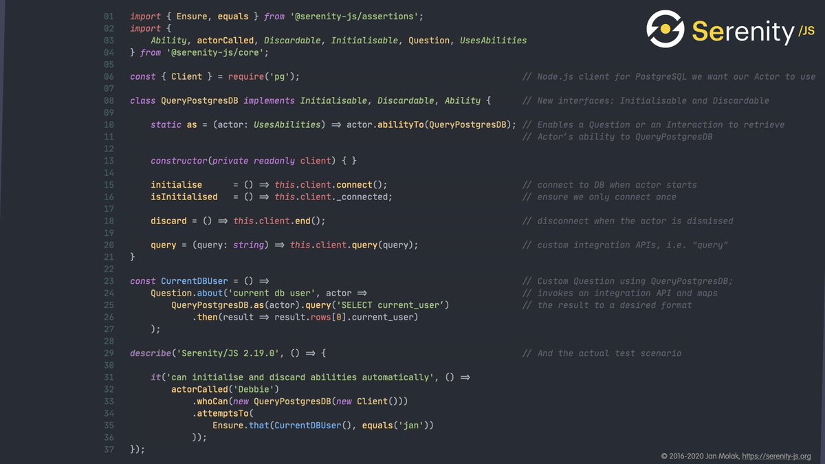 JanMolak's tweet image. 🎉 Serenity/JS 2.19 will help your tests interact with databases, message queues and tons of other services.
On the slide - integration with a PgSQL DB in ~10 lines of code.
API docs - serenity-js.org/modules/core/c…
Enjoy Serenity!
#ScreenplayPattern #BDD #TDD #automationtesting